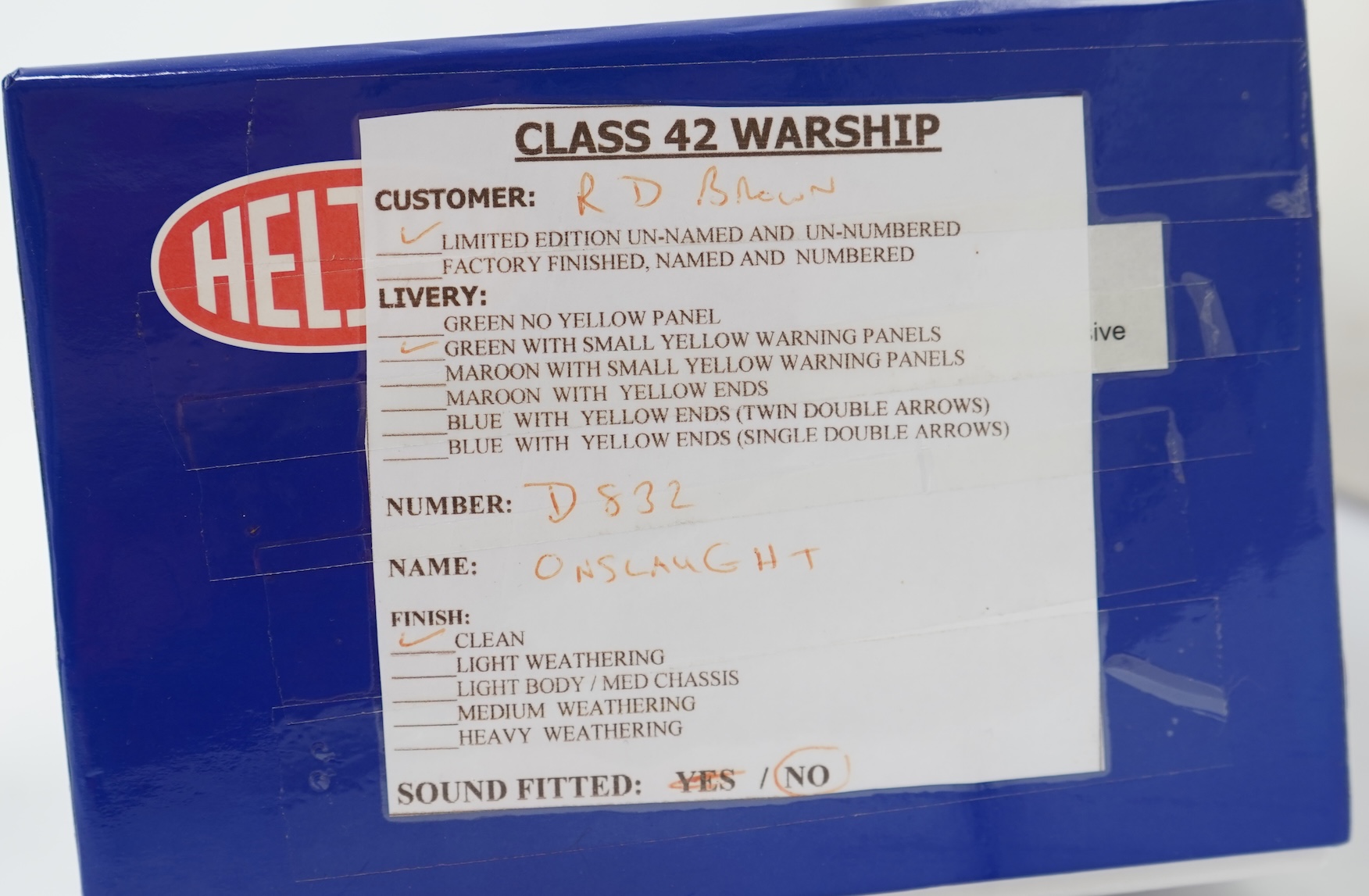 An 0 Gauge Heljan model of BR Warship Class Onslaught D832 Bo-Bo diesel hydraulic locomotive, powered for two rail operation, with original box.
